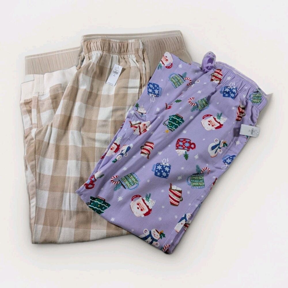 2 Old Navy Pajama Pants Womens M Tall Brown Plaid Joggers Holiday Christmas